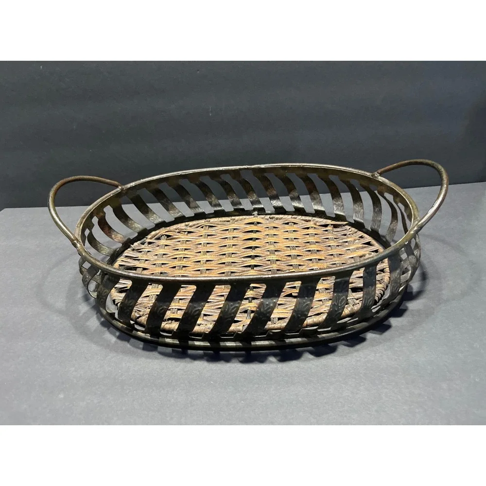Vintage Woven Wicker and Metal Oval Serving Tray with Handles Rustic Home Decor